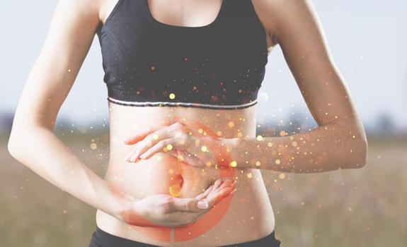 Close-up of a woman’s midsection with a highlighted digestive area, symbolising gut health and the role of fibre in supporting digestive function